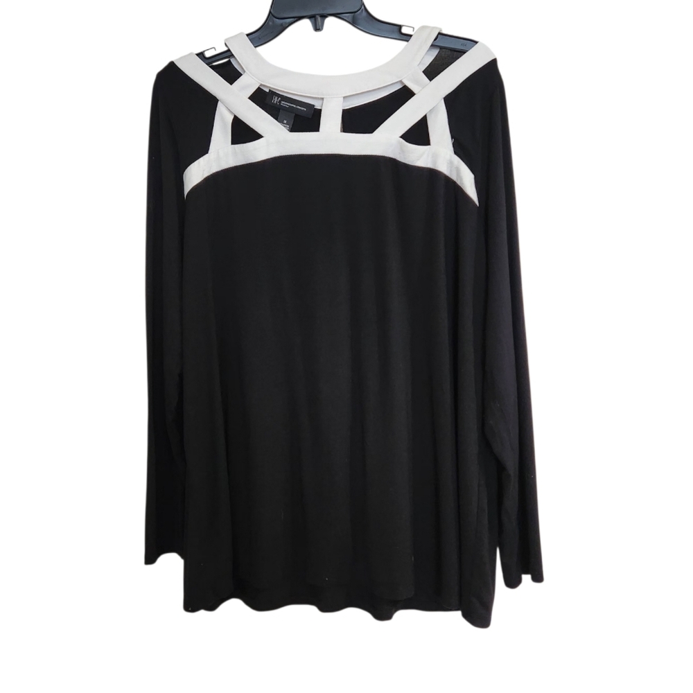 Inc International Concepts Womens 1X Tunic Top Blouse Black White Long Sleeve